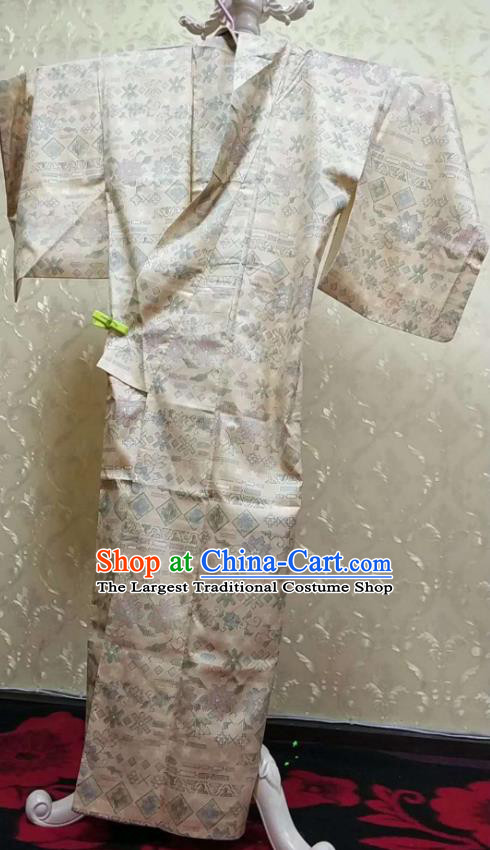 Traditional Japan Geisha Beige Brocade Furisode Kimono Asian Japanese Fashion Apparel Costume for Women