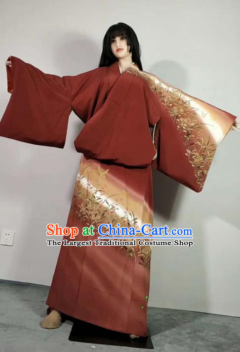 Traditional Japan Geisha Printing Orchid Purplish Red Furisode Kimono Asian Japanese Fashion Apparel Costume for Women