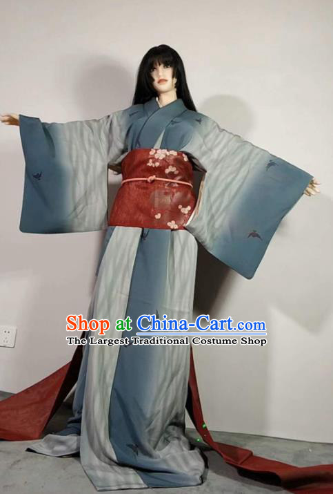 Traditional Japan Geisha Printing Crane Blue Furisode Kimono Asian Japanese Fashion Apparel Costume for Women