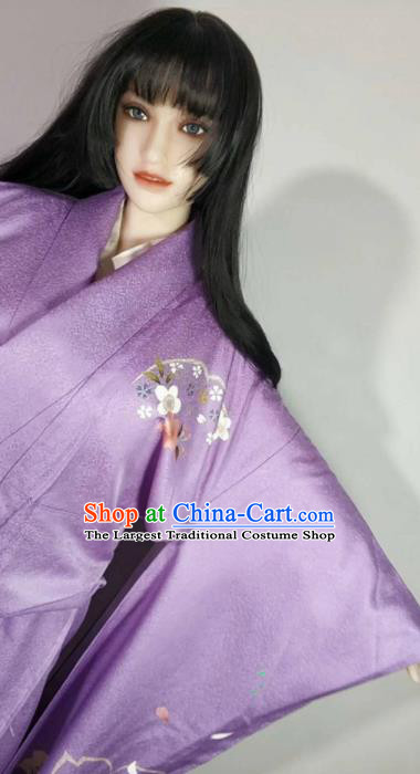 Traditional Japan Geisha Printing Peony Purple Brocade Furisode Kimono Asian Japanese Fashion Apparel Costume for Women