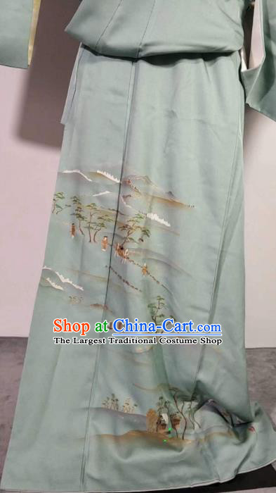 Traditional Japan Geisha Printing Green Furisode Kimono Asian Japanese Fashion Apparel Costume for Women
