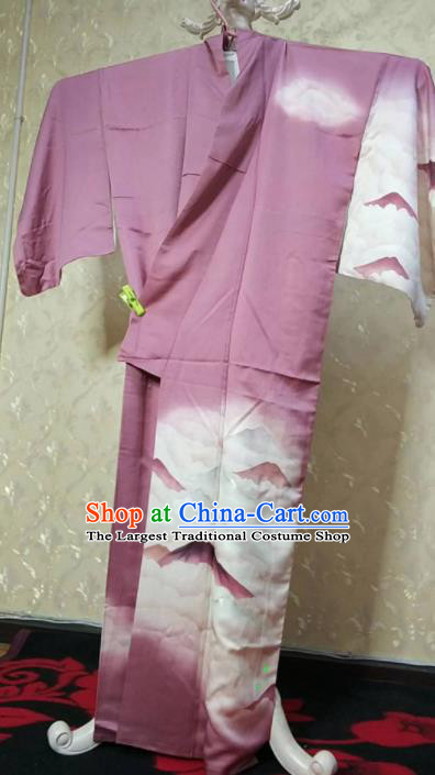 Traditional Japan Geisha Printing Lilac Furisode Kimono Asian Japanese Fashion Apparel Costume for Women