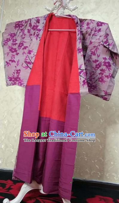 Traditional Japan Geisha Printing Flowers Lilac Furisode Kimono Asian Japanese Fashion Apparel Costume for Women
