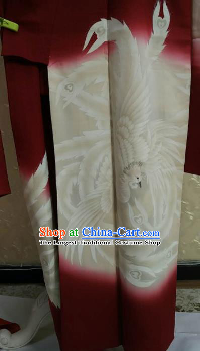 Traditional Japan Geisha Printing Phoenix Red Furisode Kimono Asian Japanese Fashion Apparel Costume for Women