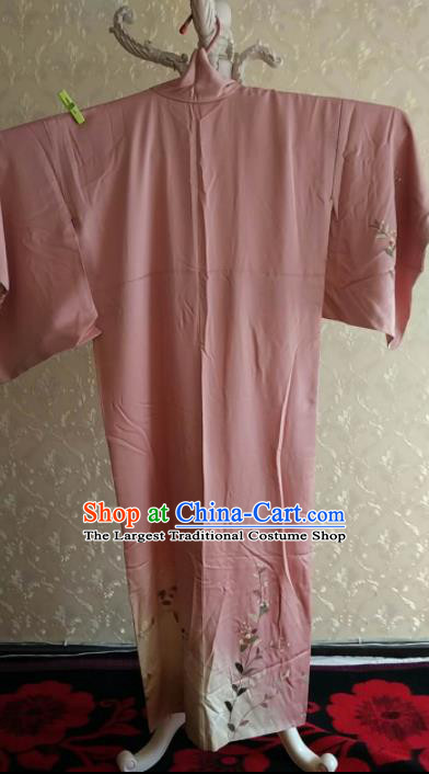 Traditional Japan Geisha Printing Pink Silk Furisode Kimono Asian Japanese Fashion Apparel Costume for Women