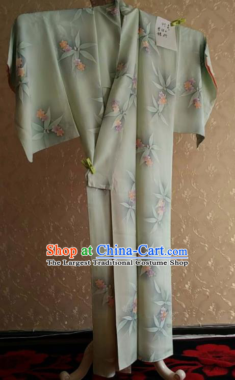 Traditional Japan Geisha Printing Light Green Silk Furisode Kimono Asian Japanese Fashion Apparel Costume for Women
