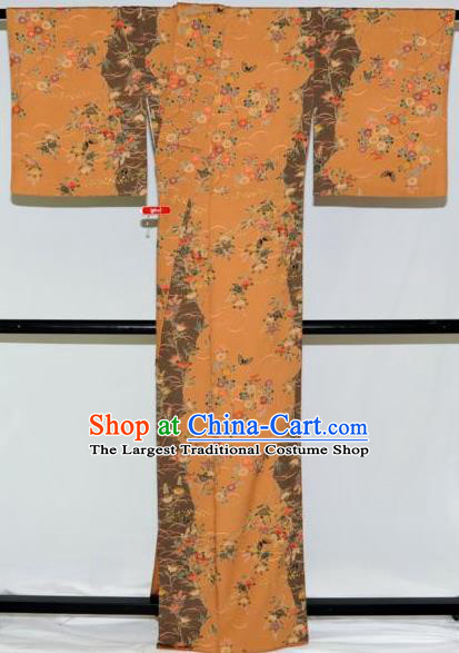 Traditional Japan Geisha Printing Ginger Furisode Kimono Asian Japanese Fashion Apparel Costume for Women