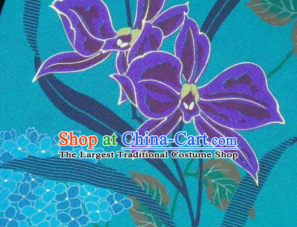Traditional Japan Geisha Printing Orchid Blue Silk Furisode Kimono Asian Japanese Fashion Apparel Costume for Women