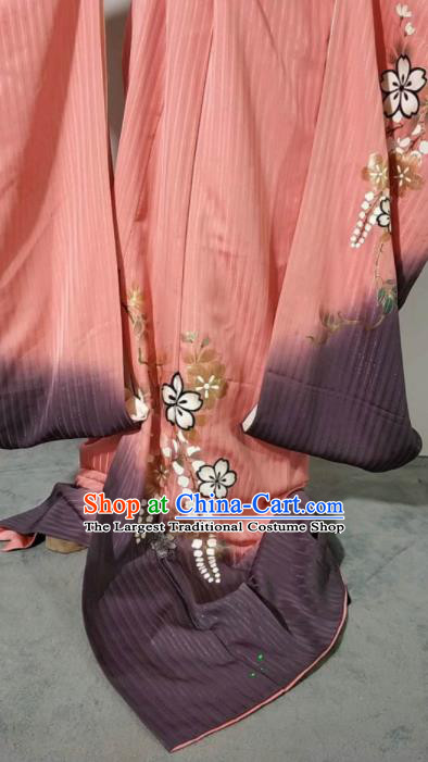 Traditional Japan Geisha Printing Sakura Pink Furisode Kimono Asian Japanese Fashion Apparel Costume for Women