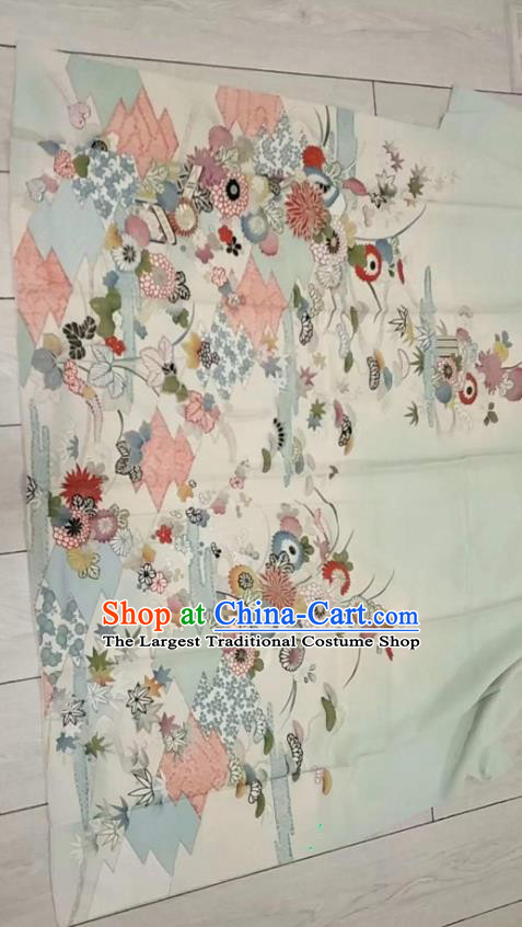 Traditional Japan Geisha Printing Chrysanthemum Light Green Furisode Kimono Asian Japanese Fashion Apparel Costume for Women