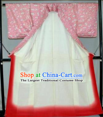 Traditional Japan Geisha Printing Sakura Pink Silk Furisode Kimono Asian Japanese Fashion Apparel Costume for Women