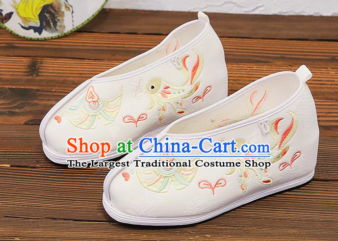 Asian Chinese Traditional Embroidered Bird White Shoes Princess Shoes Opera Shoes Hanfu Shoes for Women