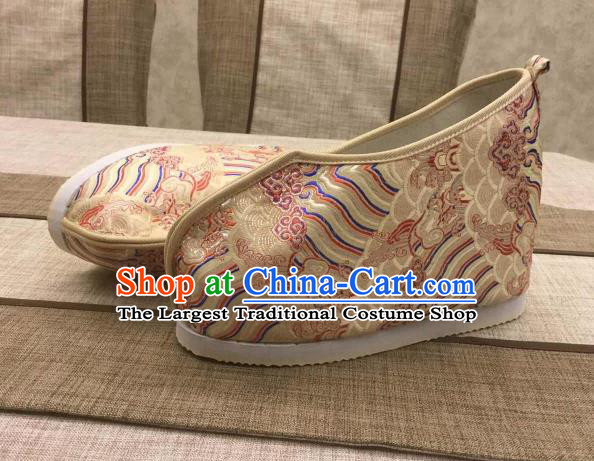Chinese Traditional Classical Wave Pattern Golden Satin Embroidered Shoes Princess Shoes Opera Shoes Hanfu Shoes for Women