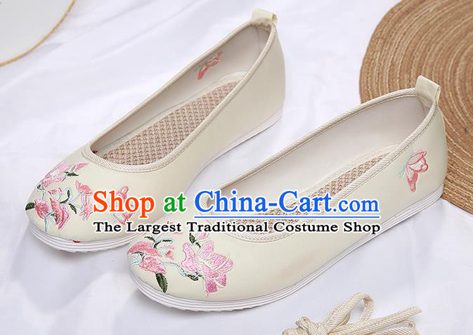 Chinese Traditional Beige Embroidered Flowers Butterfly Shoes Opera Shoes Hanfu Shoes Wedding Shoes for Women