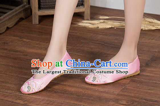 Chinese Traditional Embroidered Wave Pink Shoes Opera Shoes Hanfu Shoes Satin Shoes for Women