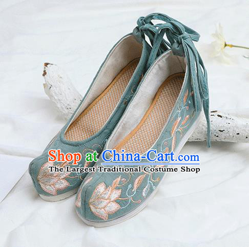 Chinese Traditional Embroidered Lotus Green Shoes Opera Shoes Hanfu Shoes Wedding Shoes for Women