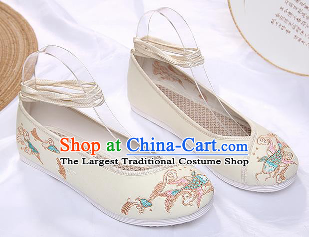 Chinese Traditional Beige Embroidered Carp Shoes Opera Shoes Hanfu Shoes Wedding Shoes for Women