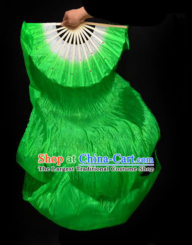 Traditional Chinese Folk Dance Green Ribbon Fan Stage Performance Yangko Dance Silk Folding Fan