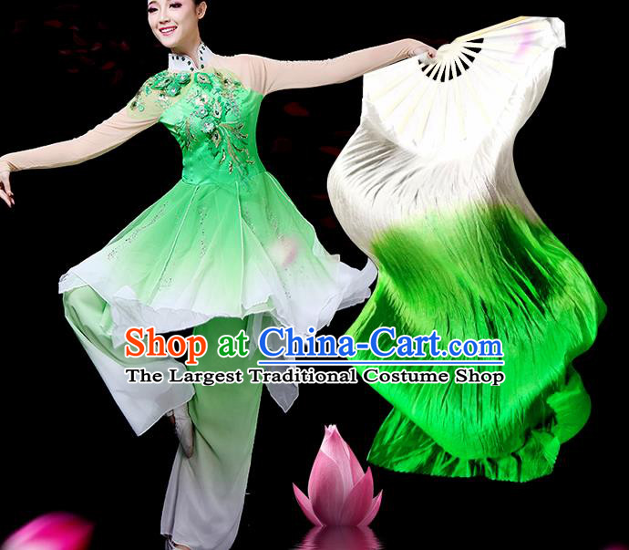 Traditional Chinese Folk Dance Green Silk Fan Stage Performance Yangko Dance Ribbon Folding Fan