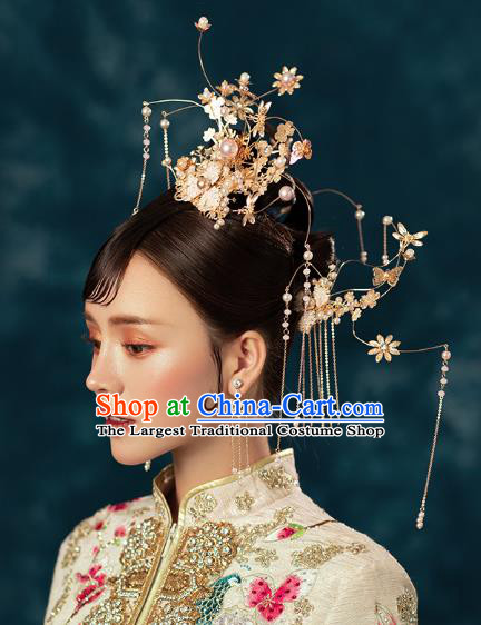 Chinese Traditional Wedding Bride Golden Flowers Hair Comb and Tassel Hairpins Hair Accessories for Women