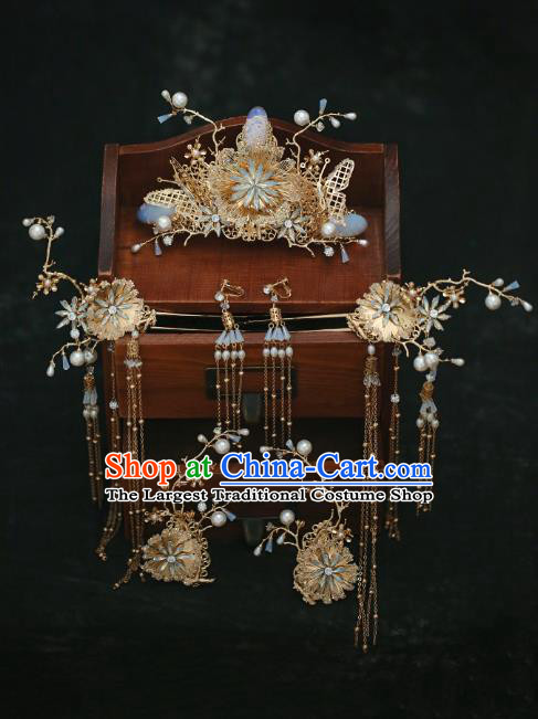 Chinese Traditional Wedding Bride Golden Butterfly Opal Hair Comb and Tassel Hairpins Hair Accessories for Women