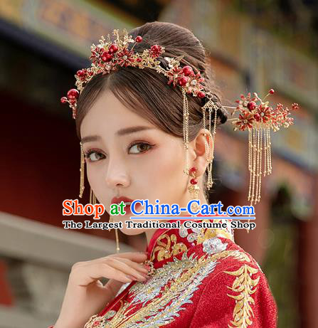 Chinese Traditional Wedding Bride Red Beads Hair Crown Hairpins Hair Accessories for Women