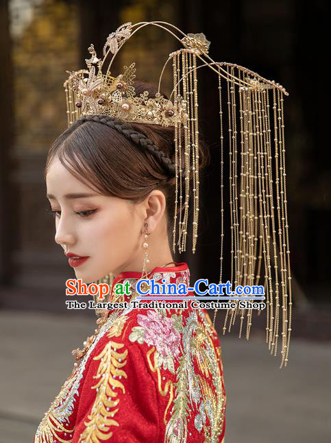 Chinese Traditional Ancient Wedding Bride Golden Phoenix Coronet Hair Accessories for Women