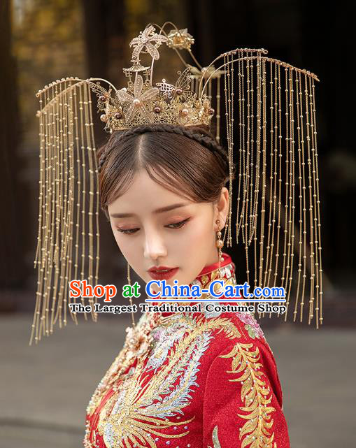 Chinese Traditional Ancient Wedding Bride Golden Phoenix Coronet Hair Accessories for Women