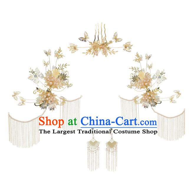 Chinese Traditional Hanfu Golden Butterfly Hair Combs and Hairpins Ancient Princess Hair Accessories for Women