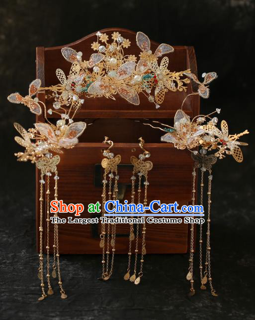 Chinese Traditional Hanfu Golden Dragonfly Hair Comb Tassel Hairpins Ancient Princess Hair Accessories for Women
