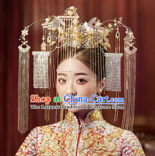 Chinese Traditional Ancient Bride Golden Beads Tassel Phoenix Coronet Wedding Hair Accessories for Women