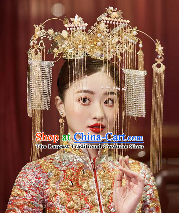 Chinese Traditional Ancient Bride Golden Beads Tassel Phoenix Coronet Wedding Hair Accessories for Women