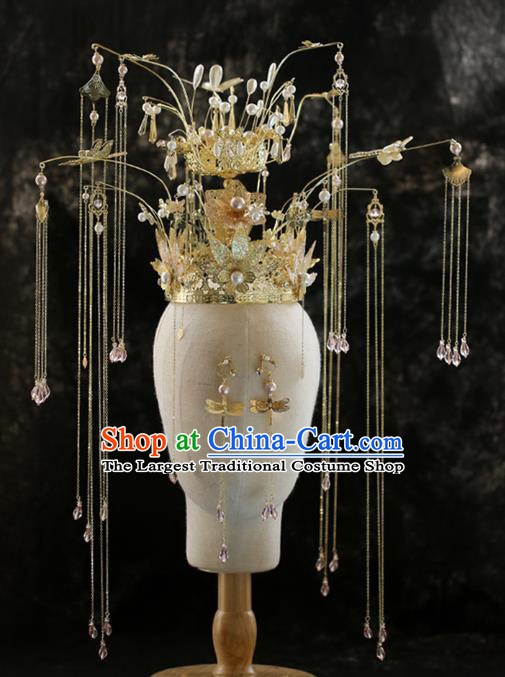 Chinese Traditional Ancient Bride Luxury Golden Tassel Phoenix Coronet Wedding Hair Accessories for Women