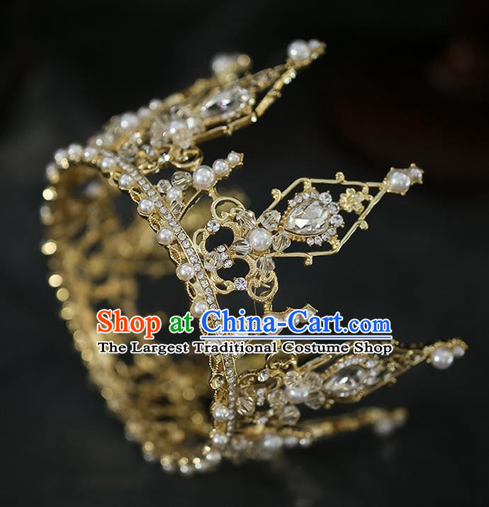 Top Grade Baroque Bride Golden Crystal Round Royal Crown Wedding Queen Hair Accessories for Women