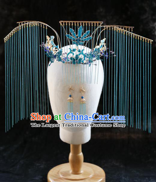 Chinese Traditional Ancient Bride Headdress Blue Tassel Phoenix Coronet Wedding Hair Accessories for Women