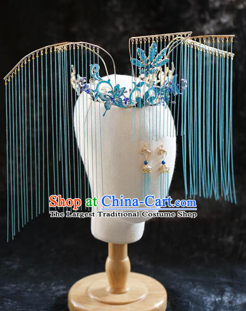 Chinese Traditional Ancient Bride Headdress Blue Tassel Phoenix Coronet Wedding Hair Accessories for Women