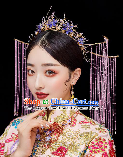 Chinese Traditional Ancient Purple Flowers Tassel Phoenix Coronet Bride Headdress Wedding Hair Accessories for Women