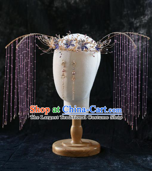 Chinese Traditional Ancient Purple Flowers Tassel Phoenix Coronet Bride Headdress Wedding Hair Accessories for Women
