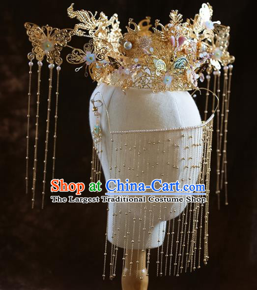 Chinese Ancient Bride Headdress Golden Butterfly Hairpins Phoenix Coronet Traditional Wedding Hair Accessories for Women