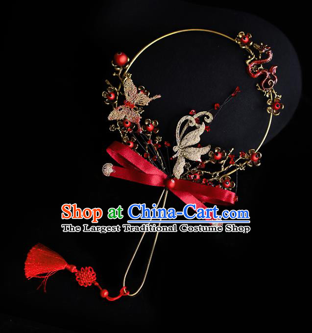 Chinese Traditional Red Ribbon Bowknot Palace Fans Handmade Classical Hanfu Wedding Fan for Women
