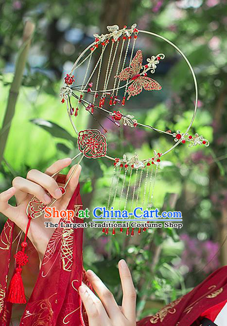 Chinese Traditional Red Ribbon Bowknot Palace Fans Handmade Classical Hanfu Wedding Fan for Women