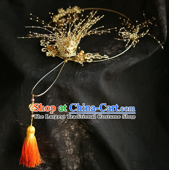 Chinese Traditional Bride Golden Beads Palace Fans Handmade Classical Hanfu Wedding Fan for Women