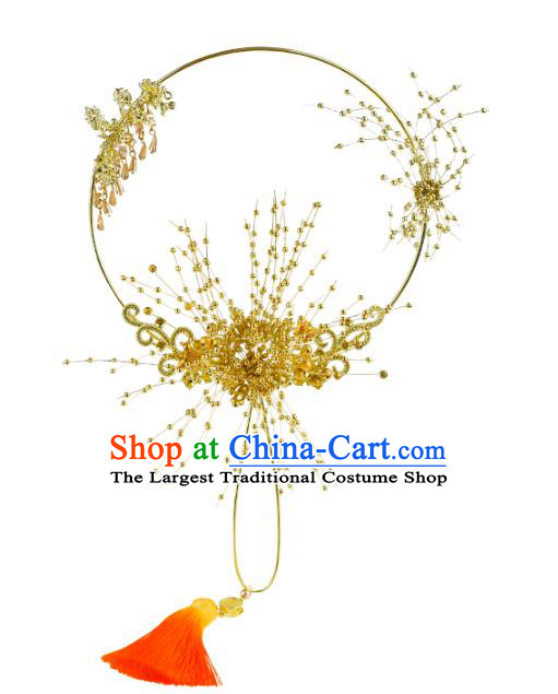 Chinese Traditional Bride Golden Beads Palace Fans Handmade Classical Hanfu Wedding Fan for Women