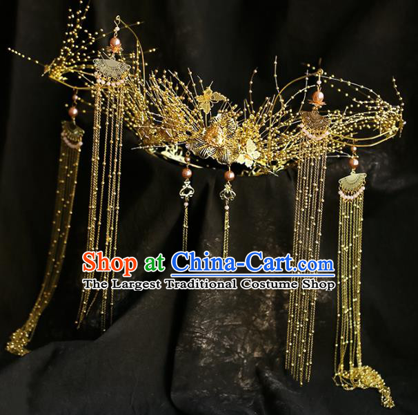 Chinese Wedding Golden Beads Phoenix Coronet Headdress Traditional Ancient Bride Hair Accessories for Women