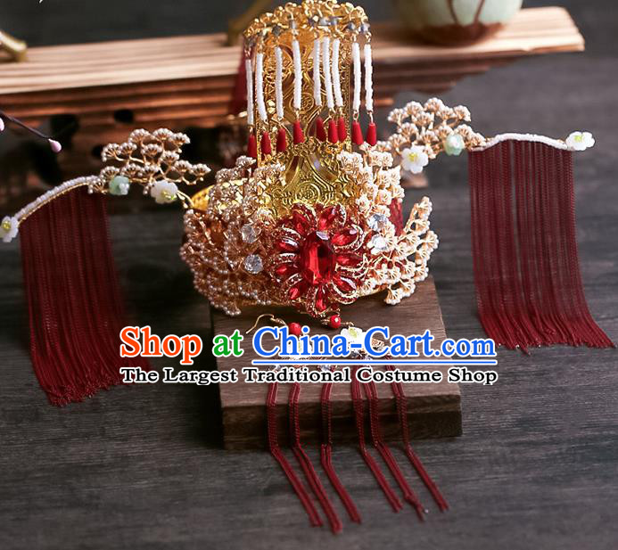 Chinese Wedding Red Crystal Pine Phoenix Coronet Headdress Traditional Ancient Bride Hair Accessories for Women