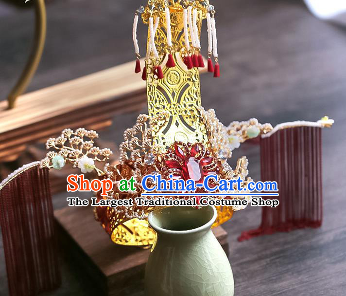 Chinese Wedding Red Crystal Pine Phoenix Coronet Headdress Traditional Ancient Bride Hair Accessories for Women