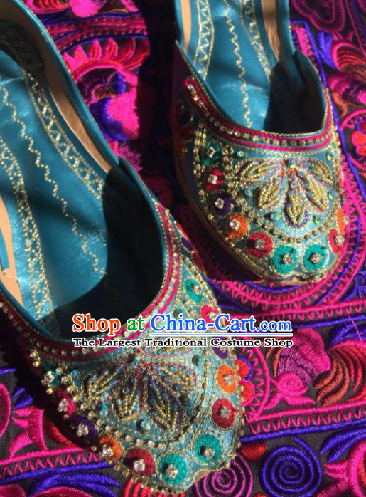 Asian India Traditional Bride Embroidered Blue Leather Shoes Indian Handmade Shoes for Women