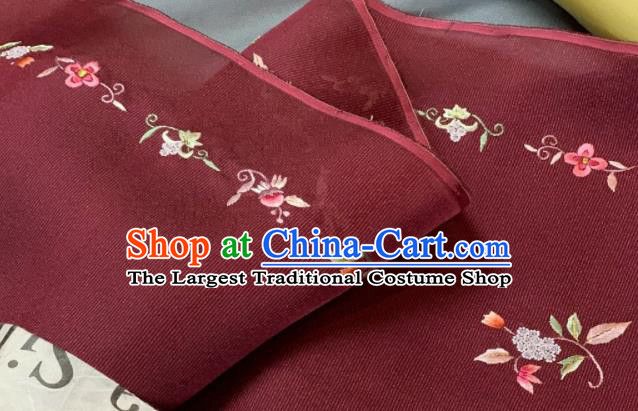 Chinese Classical Embroidered Flowers Pattern Design Wine Red Silk Fabric Asian Traditional Hanfu Material