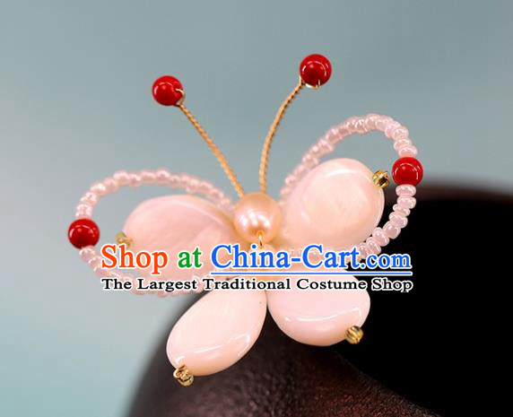 Traditional Chinese Handmade Pink Shell Butterfly Hairpins Headdress Ancient Hanfu Hair Accessories for Women