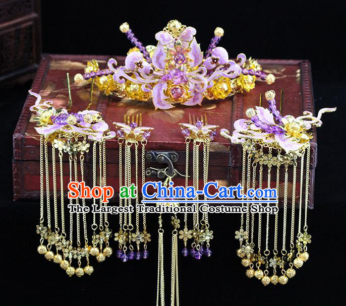 Traditional Chinese Purple Flowers Hairpins Hair Crown Headdress Ancient Queen Hair Accessories Complete Set for Women